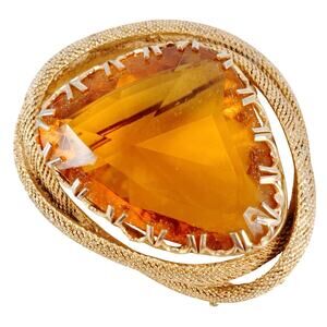 Vintage Gold Tone Brooch with Large Faceted Amber Glass Stone, 1950s-70s Jewelry
